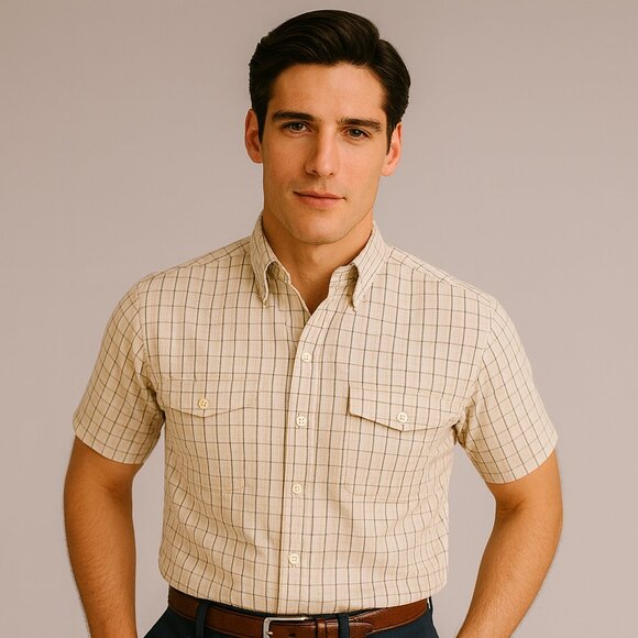 Banana Republic Medium Men’s White Gray Checkered Short Sleeve Cotton Shirt Prep - Picture 1 of 7